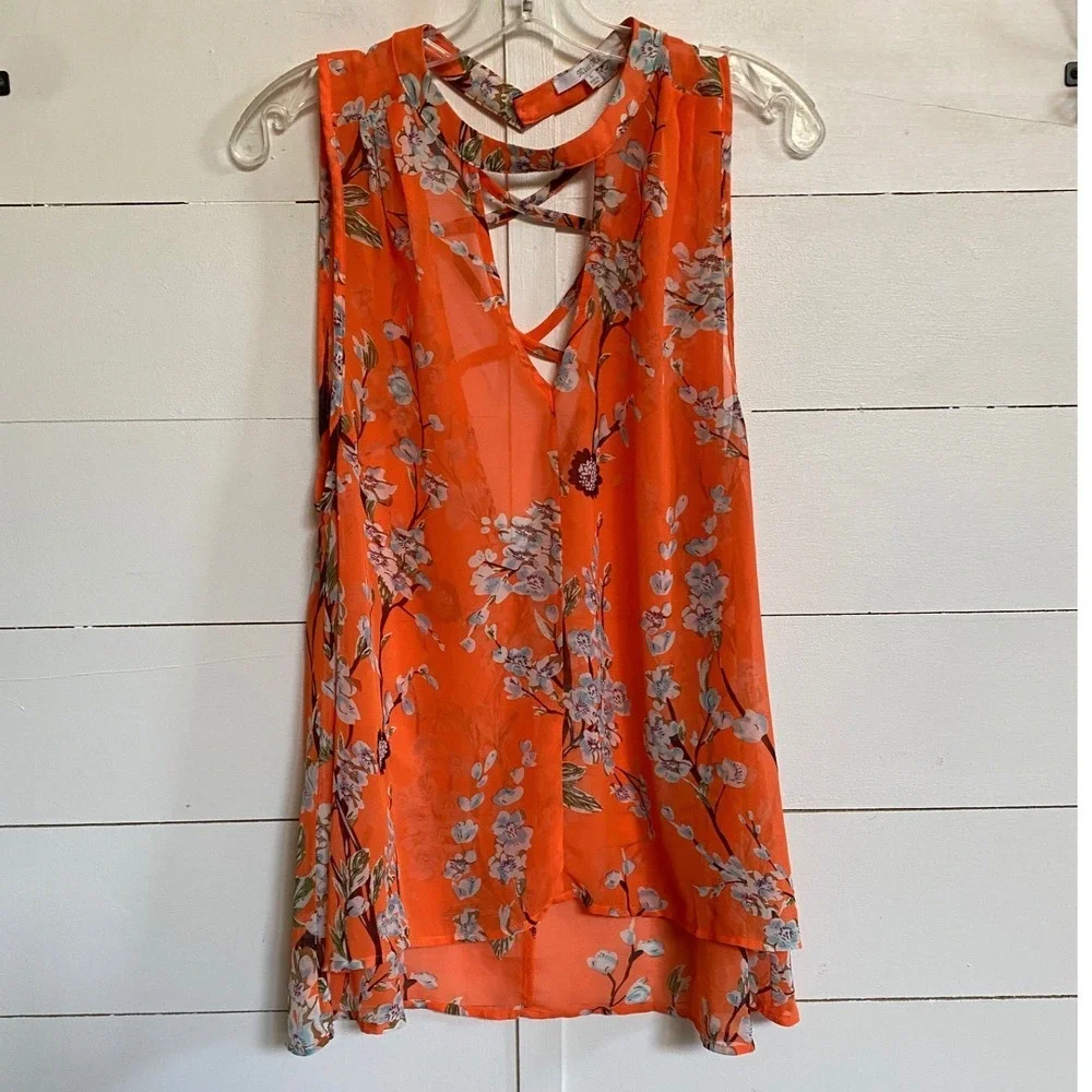 Miss Me Orange Floral Choker Neck Open Back Crisscross Blouse MDT1017T L - Picture 5 of 14